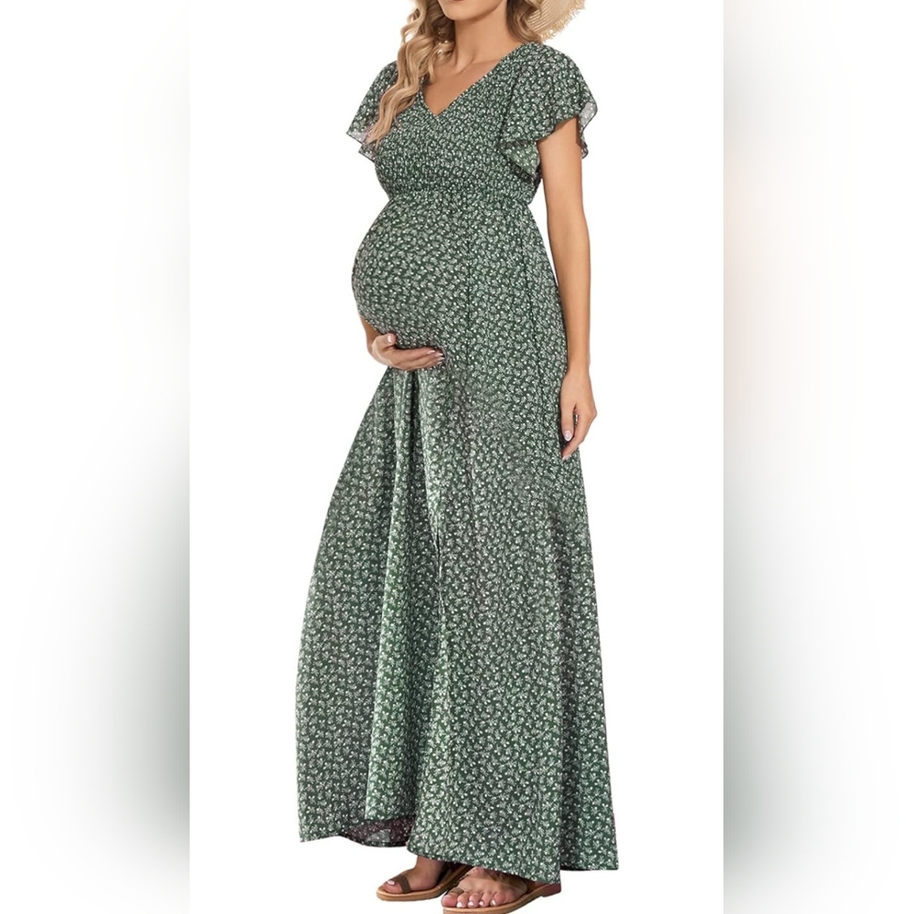NWT Amazon Women's Long Maxi Maternity Dress Green Floral Baby Shower Size Small